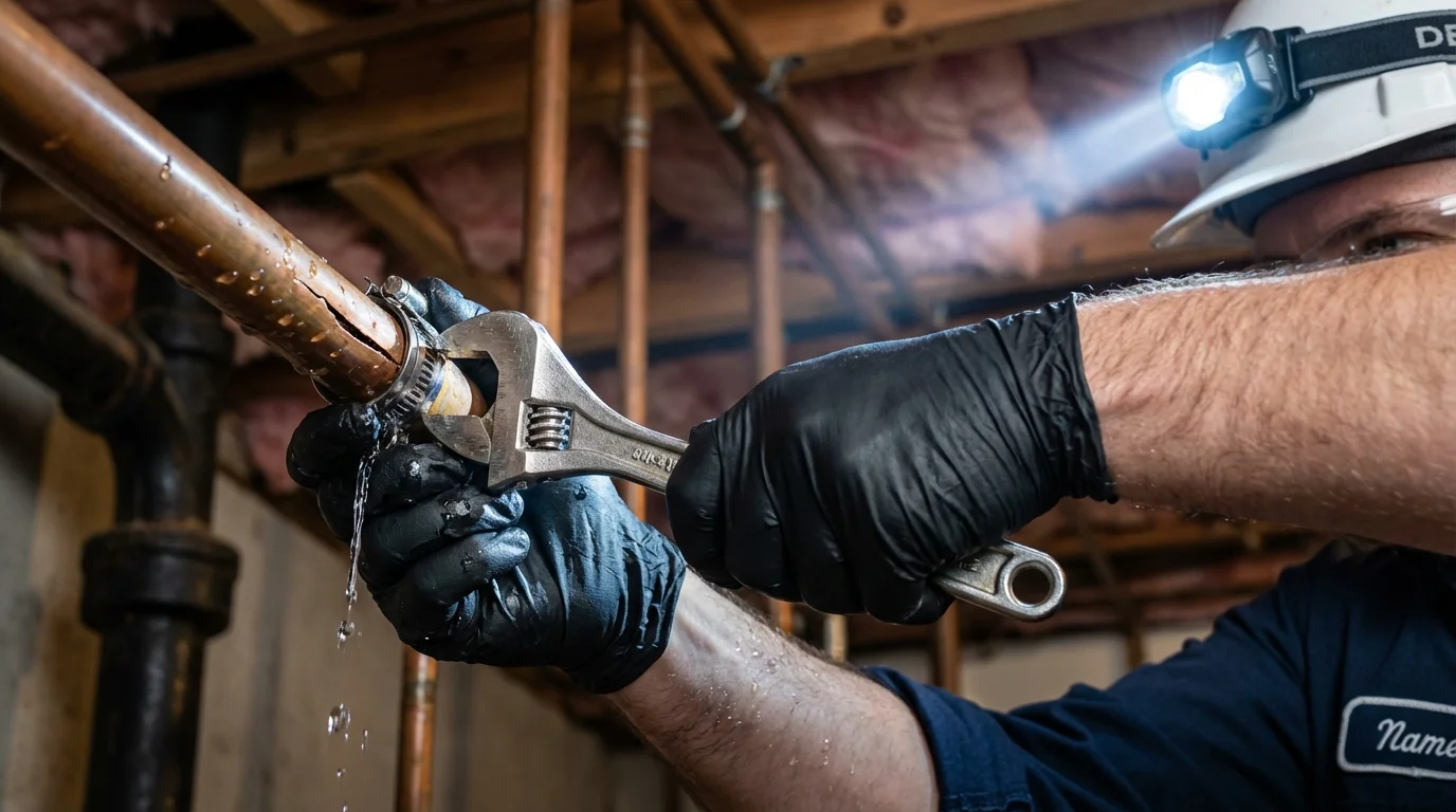 Emergency pipe clamp repair being performed by a Johns Plumbing LLC plumber in Baldwin Park